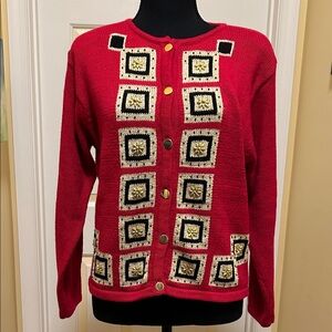 Dress Barn Red and Black Geometric Cardigan